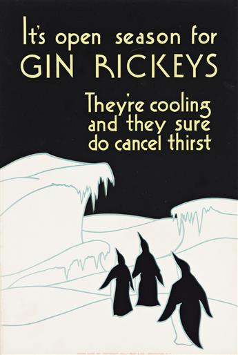 DESIGNERS UNKNOWN.  [GIN COCKTAILS.] Group of 5 window cards. Circa 1946. Each 17¾x12 inches, 45x30½ cm. Kelly-Read & Co., Rochester.